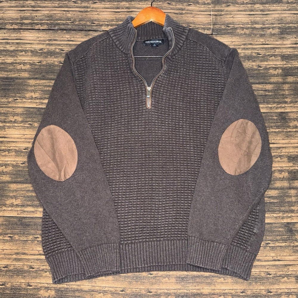 Tricots St. Raphael Mens XL Waffle Knit Quarter Zip Sweater Elbow Patches Brown